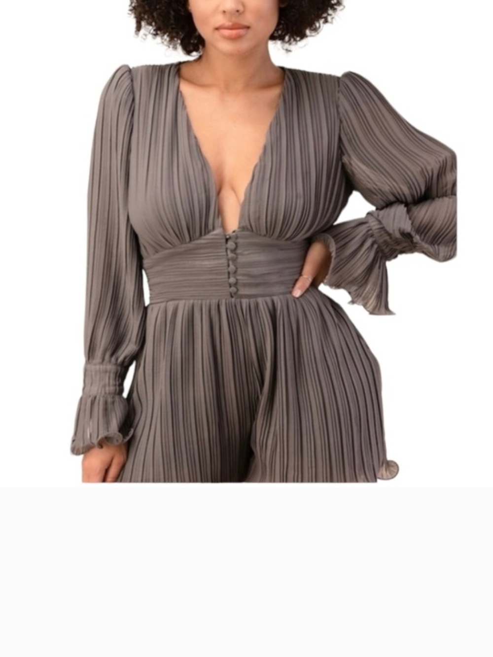 Pleated Deep V Long Sleeve Jumpsuit - Taupe